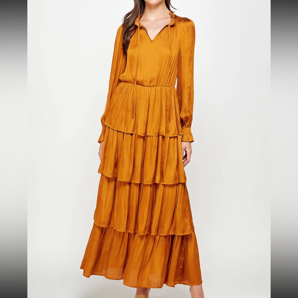 Bronze Gold Tiered Ruffle Maxi Dress NWT